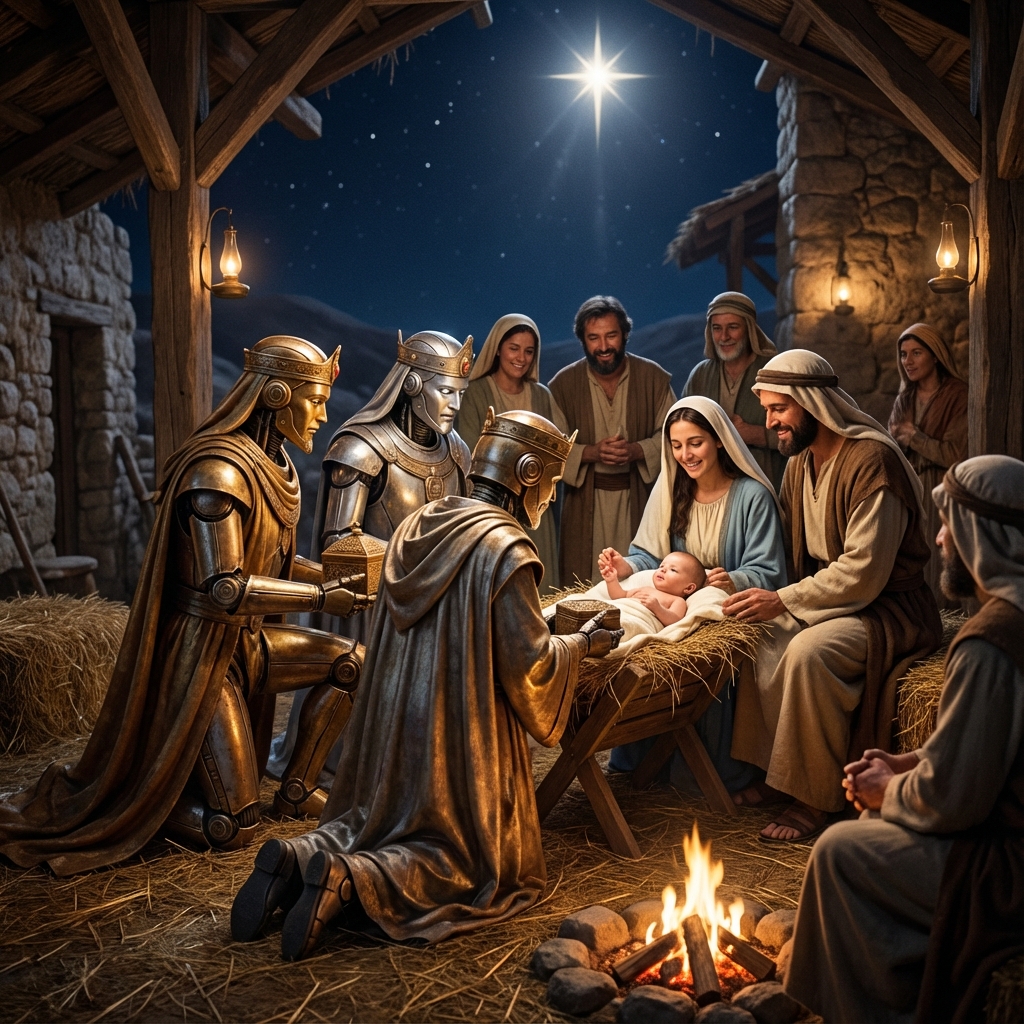 Robots como Reyes Magos en belén