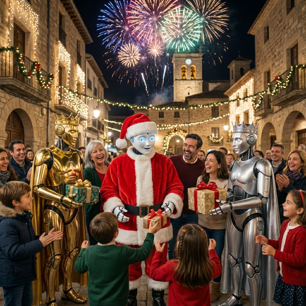 Robots entregando regalos con fuegos artificiales