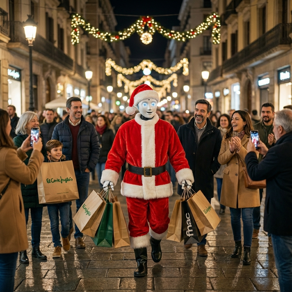 Robot Santa con bolsas de compras